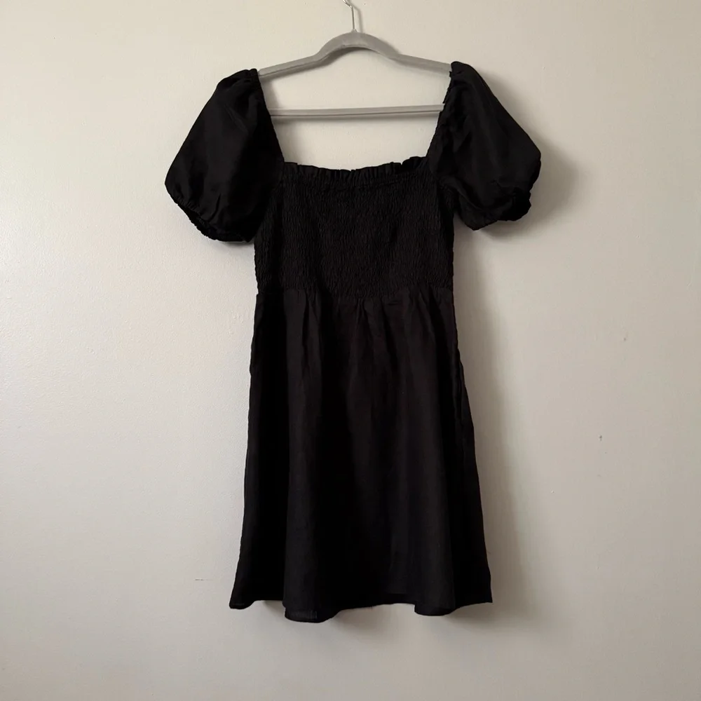 J. Crew S Womens Black Linen Puff Sleeve Smocked Squade Mini Dress